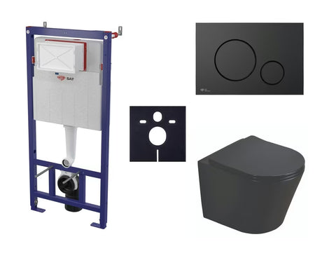 Pakabinami WC komplektas SAT Infinitio su prie sienos montuojamu moduliu, juodu nuleidimo mygtuku ir sėdyne softclose