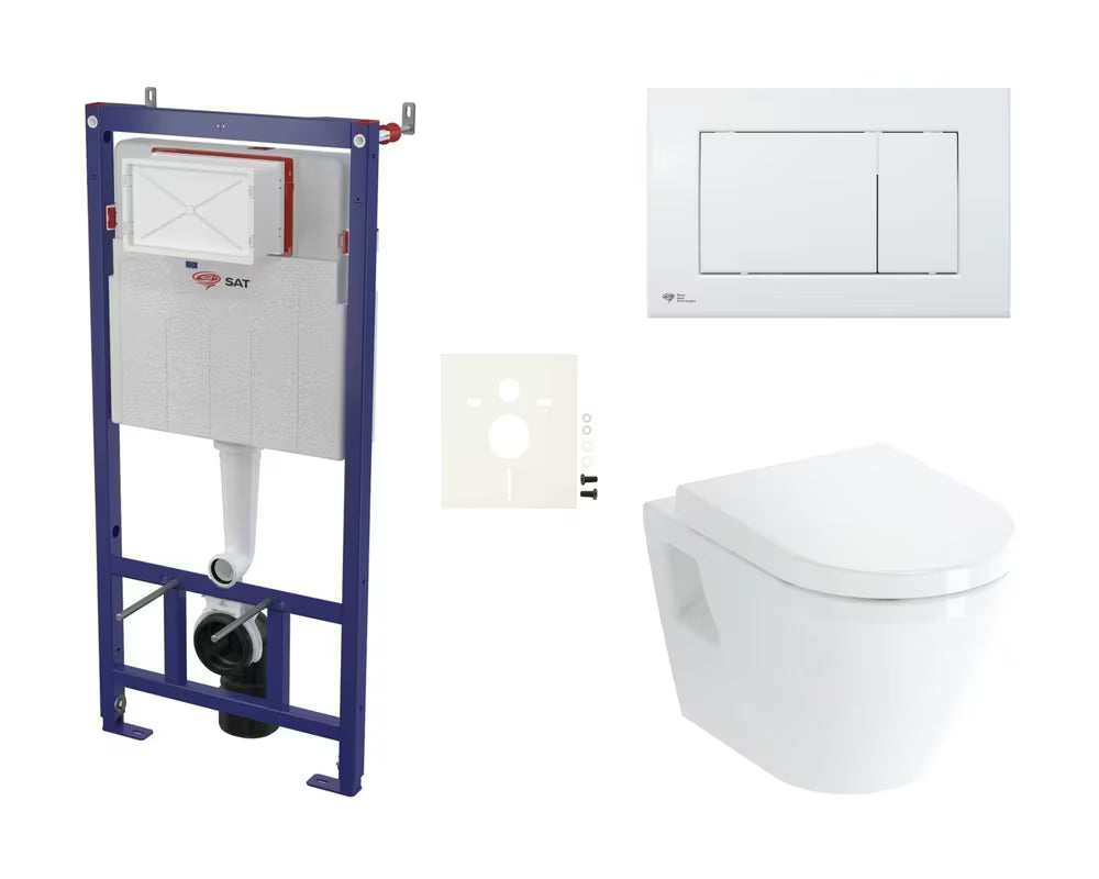 Pakabinami WC komplektas vitra Integra su potinkine instaliacija, bakeliu SAT ir baltu nuleidimo mygtuku