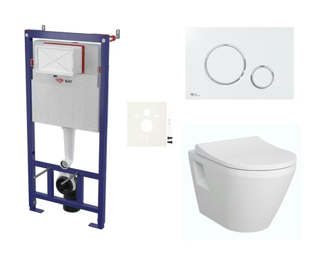 Pakabinami WC komplektas Vitra Integra su bakeliu SAT, duroplastine sėdyne softclose ir baltu blizgiu mygtuku.