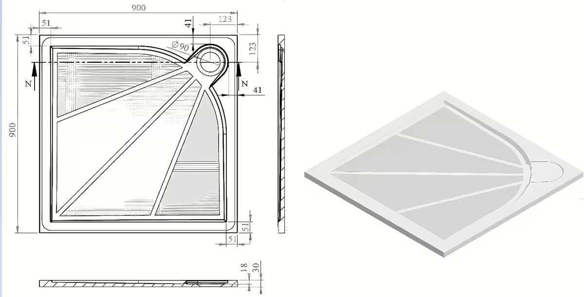 Balta kvadratinis dušo padėklas SAT Limcc 90x90 cm iš lieto marmuro su uždengtu kampiniu nutekėjimu