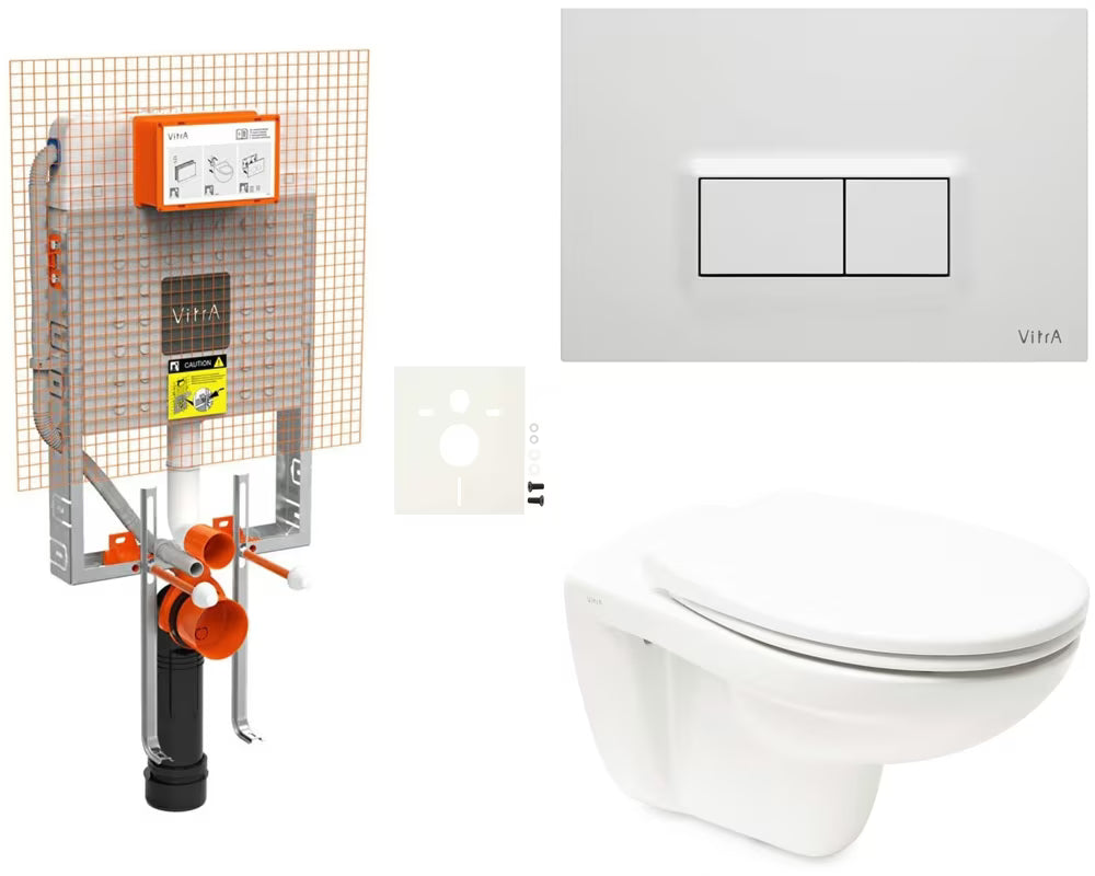 Pakabinami WC komplektas vitra Normus potinkinis su paslėptu bakeliu ir baltos blizgios spalvos nuleidimo mygtuku.