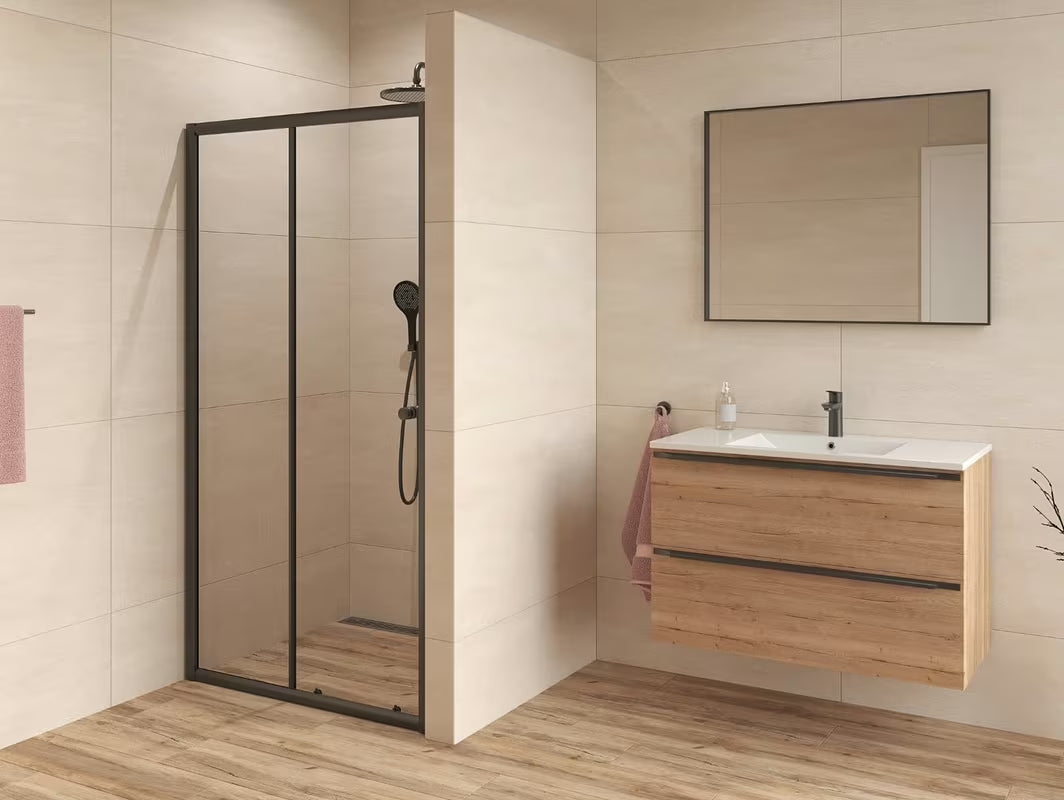 Slankiojančios dušo durys SAT Project 100 cm juodos spalvos su skaidriu grūdintu saugos stiklu