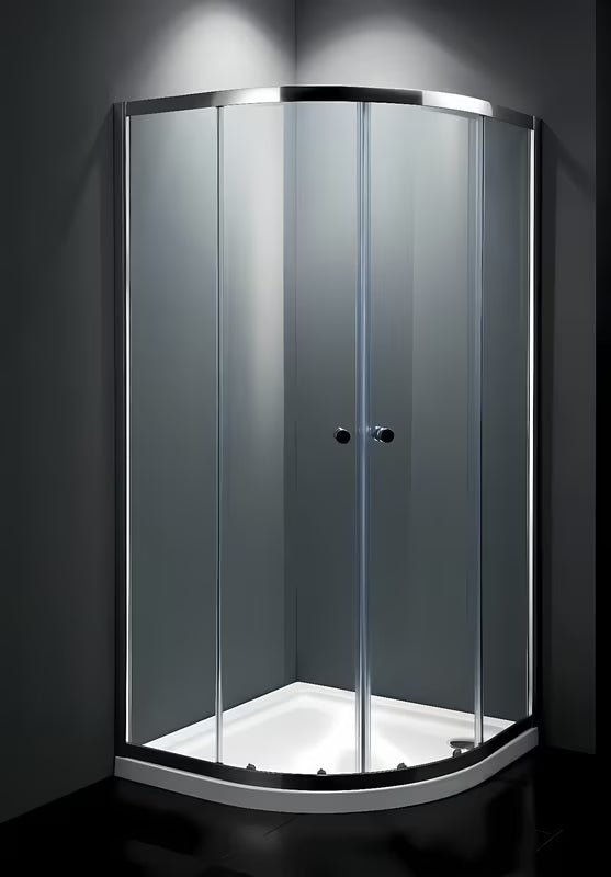 Pusapvalė dušo kabina SAT Project 80x80 cm su padėklu, su skaidriu stiklu ir blizgaus chromo spalvos profiliais.