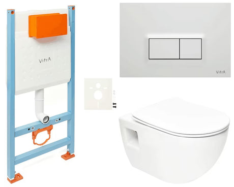 Pakabinami WC komplektas SAT Project su V-Fix moduliu, Vitra bakeliu, Loop Ra mygtuku ir softclose sėdyne.