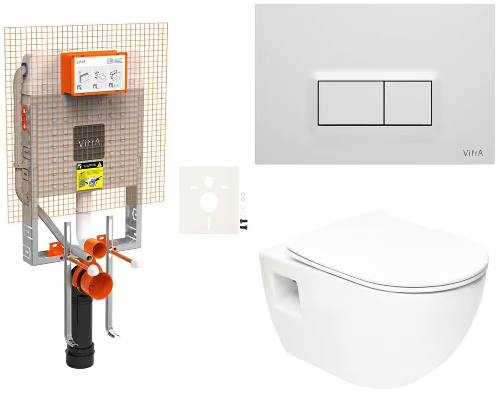 Pakabinami WC komplektas SAT Project su potinkiniu moduliu, Vitra bakeliu, nuleidimo mygtuku ir sėdyne