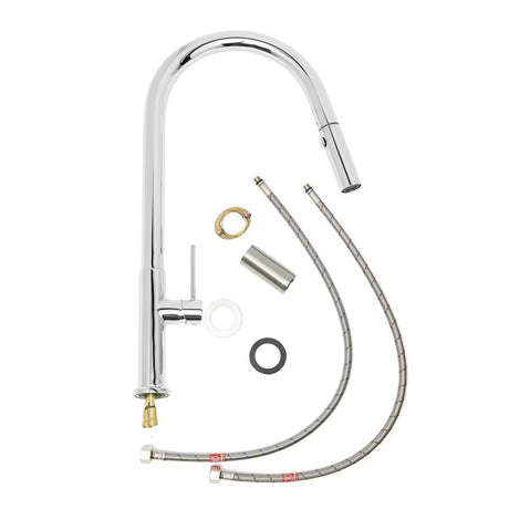 Chromuotas virtuvinis maišytuvas SAT Chrome su ištraukiamu dušeliu su pasukamu laikikliu