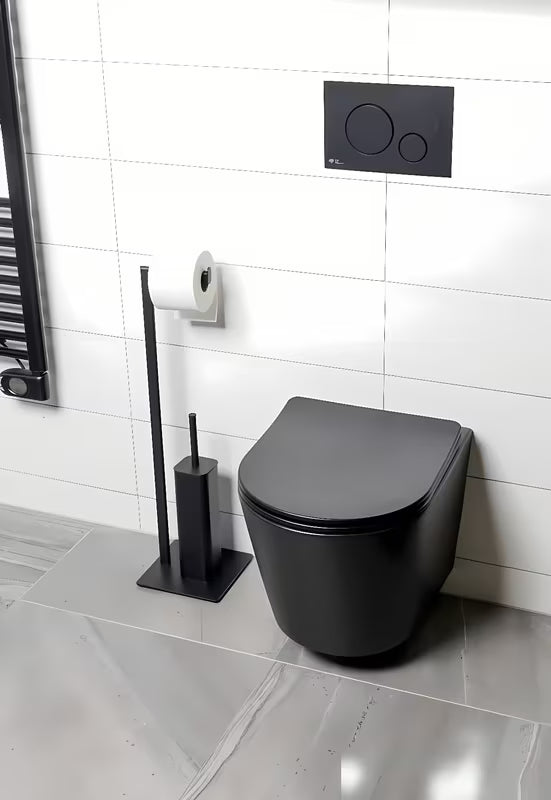 Juodas matinis metalinis WC šepetys SAT su laikikliu tualetiniam popieriui