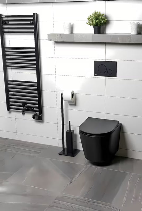 Juodas matinis metalinis WC šepetys SAT su laikikliu tualetiniam popieriui