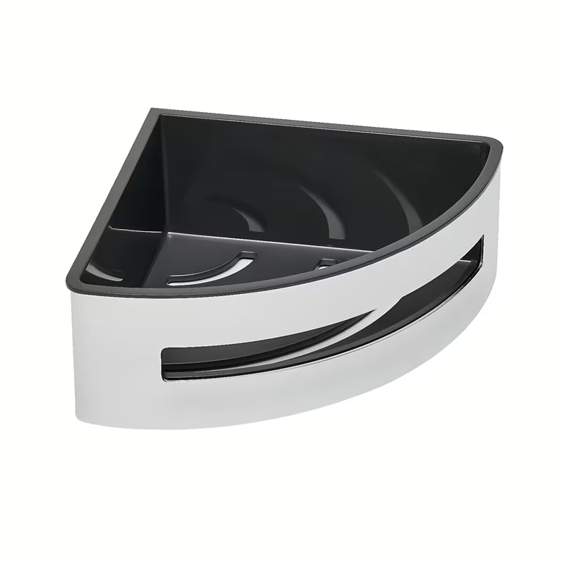 Kampinė dušo lentynėlė SAT Chrome iš nerūdijančiojo plieno, chromo spalvos, su juodu plastikiniu įdėklu.
