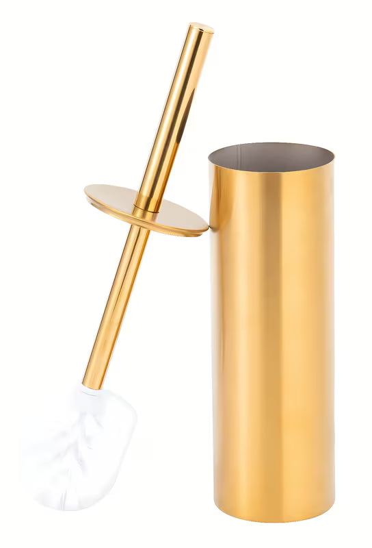 Laisvai pastatomas WC šepetys SAT Gold matinio aukso spalvos iš metalo, skirta vonios kambariui.