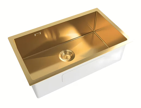 Auksinis virtuvinis vieno dubens plautuvė SAT Aurum iš šlifuoto nerūdijančio plieno pro montavimas po stalviršiu 