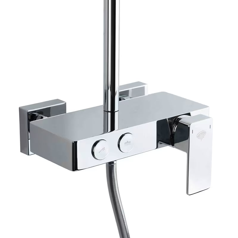 Dušo sistema SAT Chrome su svirtiniu maišytuvu, lentynėle, viršutiniu ir rankiniu dušu, baltos/chromo spalvos.