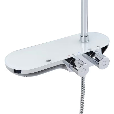 Dušo sistema SAT Chrome su termostatiniu maišytuvu su viršutiniu ir rankiniu dušu bei stikline lentynėle, chromo / baltos spalvos.