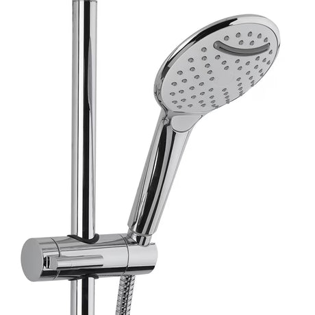 Dušo sistema SAT Chrome su termostatiniu maišytuvu su viršutiniu ir rankiniu dušu bei stikline lentynėle, chromo / baltos spalvos.