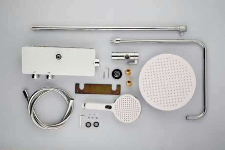 Dušo sistema SAT Chrome su termostatiniu maišytuvu, su stikline lentynėle, viršutiniu ir rankiniu dušu, chromo spalvos.