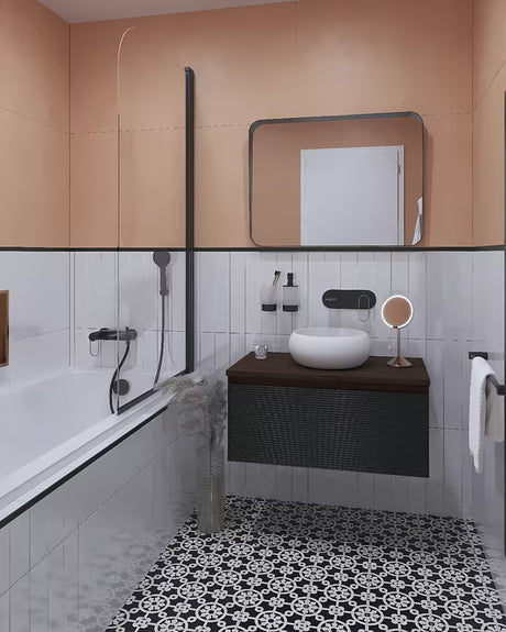 Vonios sienelė SAT 150x80 cm, skaidrus stiklas ir juodas matinis profilis