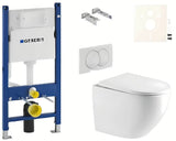 Pakabinami WC komplektas SAT su moduliu Duofix, bakeliu Geberit ir baltu nuleidimo mygtuku Delta.