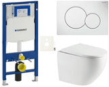 Pakabinami WC komplektas SAT su moduliu Geberit Duofix, bakeliu ir baltu nuleidimo mygtuku Sigma