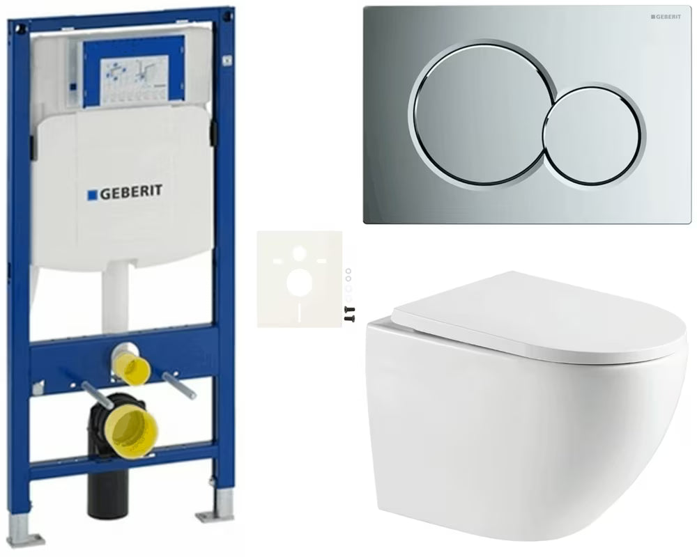 Pakabinami WC komplektas SAT su moduliu Geberit Duofix, bakeliu, blizgaus chromo mygtuku Sigma ir KLOZETAS sėdyne