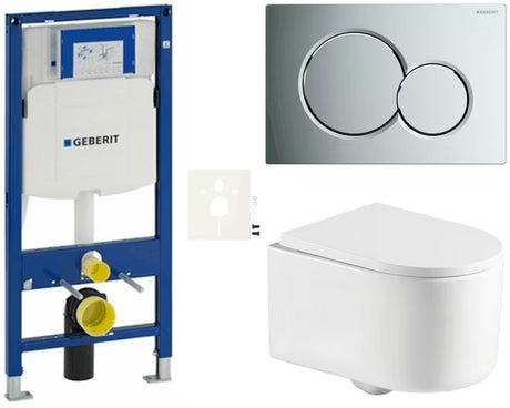 Pakabinami WC komplektas SAT su moduliu Duofix, bakeliu Geberit ir valdymo mygtuku Sigma blizgaus chromo spalvos