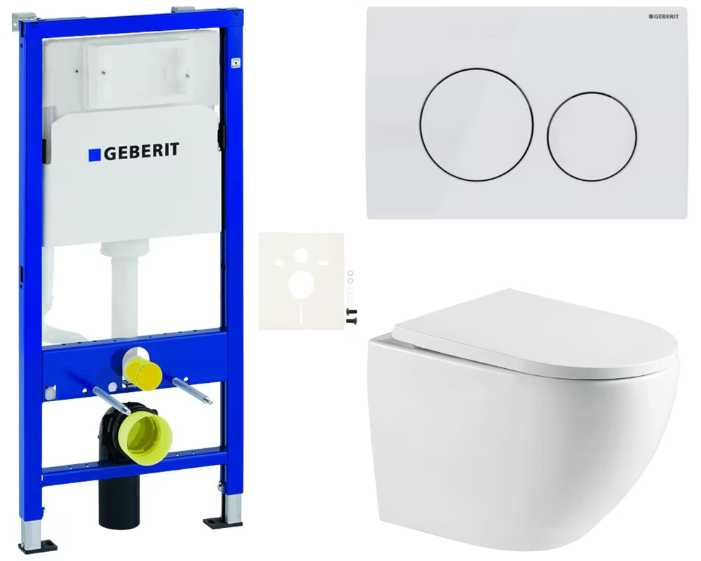 Pakabinami WC komplektas SAT Fusion su moduliu Geberit Duofix, bakeliu, valdymo mygtuku Delta ir KLOZETAS sėdyne