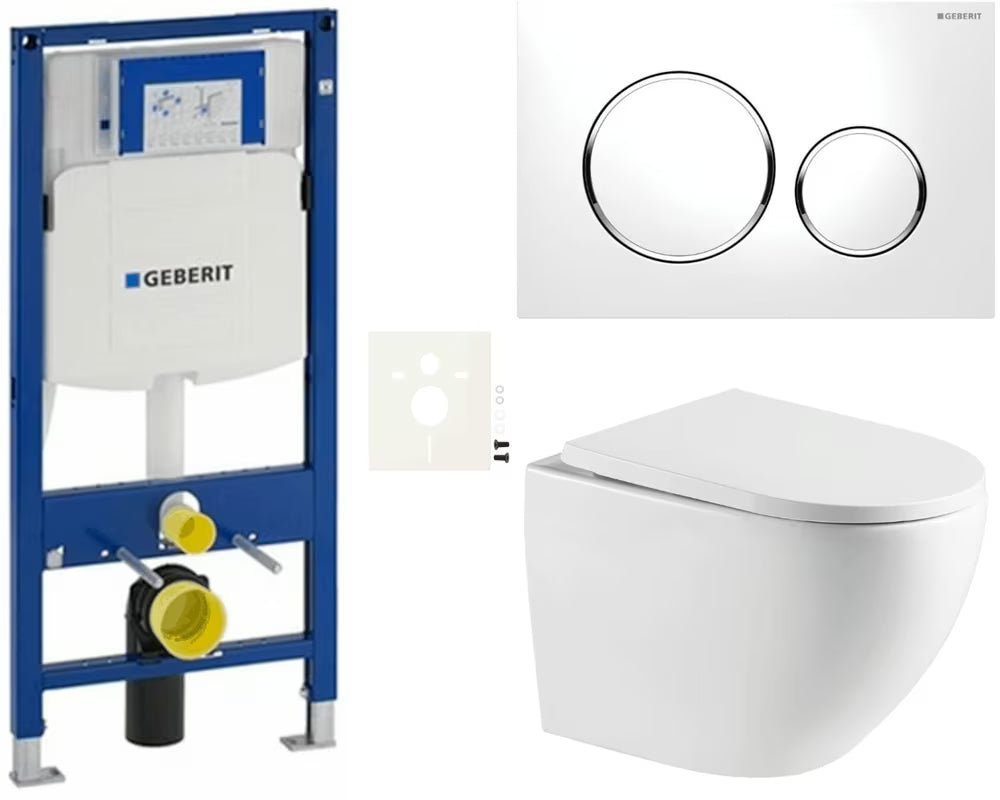 Pakabinami WC komplektas SAT Fusion su moduliu Geberit Duofix, bakeliu ir nuleidimo mygtuku Delta