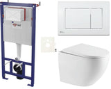 Pakabinami WC komplektas SAT su potinkiniu moduliu, bakeliu, baltu nuleidimo mygtuku ir sėdyne softclose