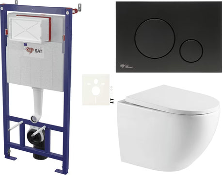 Pakabinami WC komplektas SAT pro lengvoms sienoms su sūkuriniu nuplovimu, juodu matiniu mygtuku ir sėdyne softclose.