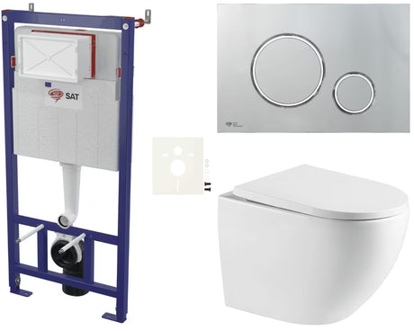 Pakabinami WC komplektas SAT su moduliu lengvoms sienoms, bakeliu, blizgaus chromo nuleidimo mygtuku ir duroplastine sėdyne.