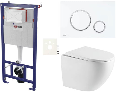 Pakabinami WC komplektas SAT su potinkiniu moduliu, taupiu nuleidimu ir baltu matiniu nuleidimo mygtuku.