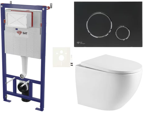 Pakabinami WC komplektas SAT pro prie sienos montuojamai instaliacijai su mygtuku, juodos matinės spalvos, su sėdyne su softclose.