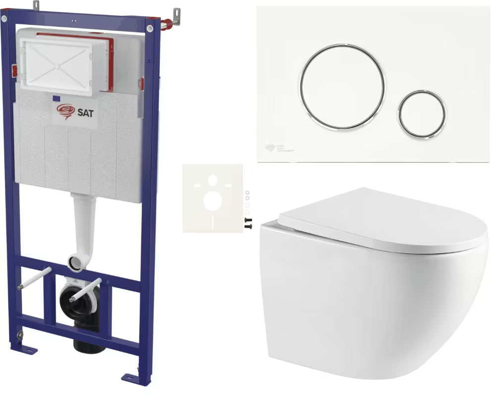 Pakabinami WC komplektas SAT Fusion su sūkuriniu nuplovimu, bakeliu ir modernaus dizaino nuleidimo mygtuku.