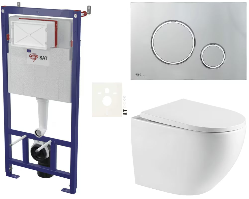 Pakabinami WC komplektas SAT Fusion su sūkuriniu nuplovimu, potinkiniu moduliu ir sėdyne softclose