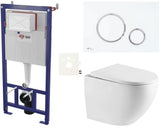 Pakabinami WC komplektas SAT Fusion su sūkuriniu nuplovimu, baltu matiniu nuleidimo mygtuku ir sėdyne softclose