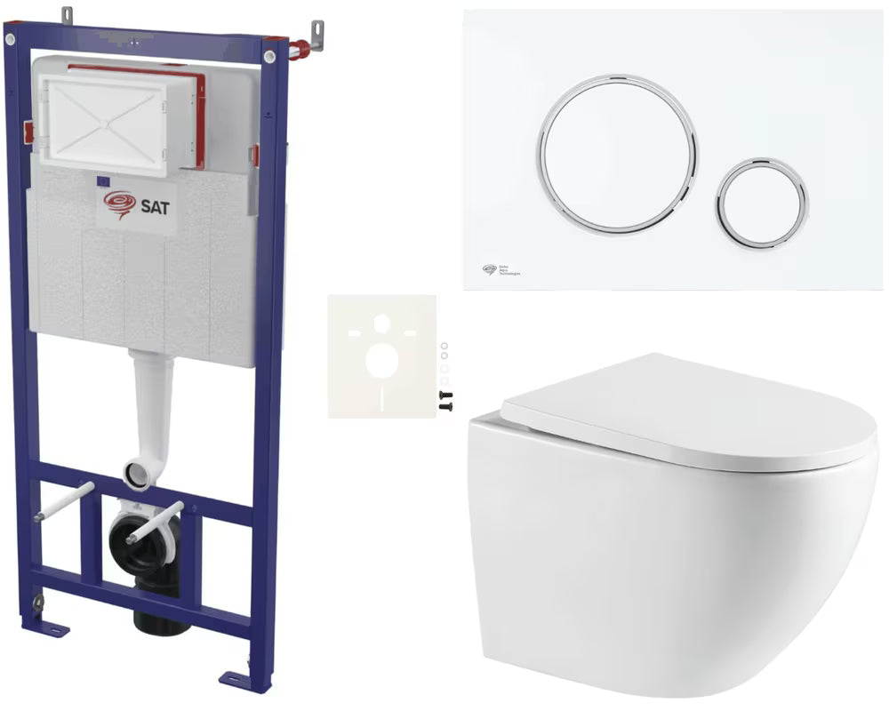 Pakabinami WC komplektas SAT Fusion su sūkuriniu nuplovimu, baltu matiniu nuleidimo mygtuku ir sėdyne softclose