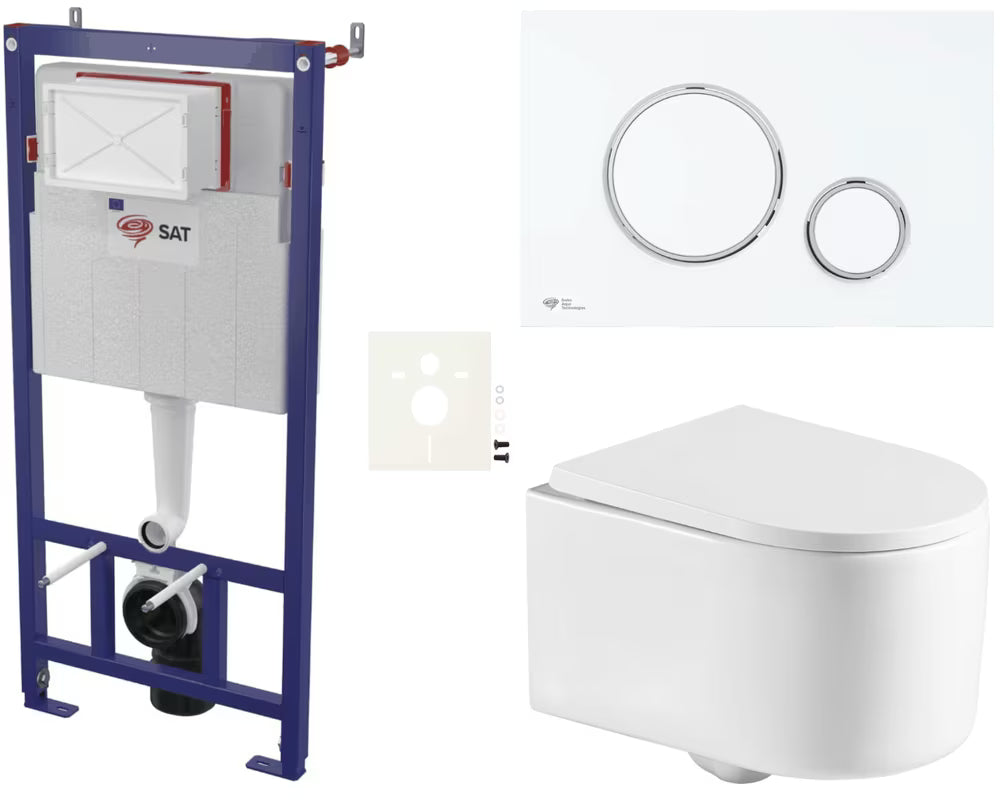 Pakabinami WC komplektas SAT Tornado su sūkuriniu nuplovimu, potinkiniu moduliu, bakeliu ir softclose sėdyne