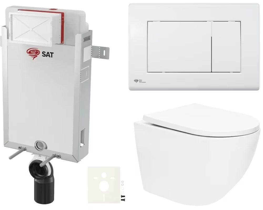Pakabinami WC komplektas SAT Fusion su įmontuojamu moduliu, bakeliu, baltu nuleidimo mygtuku ir sėdyne