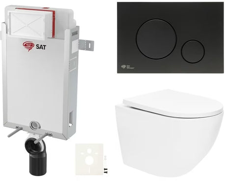 Pakabinami WC komplektas SAT Fusion su sūkuriniu nuplovimu, įmontuojamu moduliu, bakeliu ir juodu matiniu mygtuku