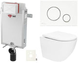 Pakabinami WC komplektas SAT Fusion su sūkuriniu nuplovimu, įmontuojamu moduliu, bakeliu, baltu mygtuku ir sėdyne