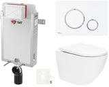 Pakabinami WC komplektas SAT Fusion su sūkuriniu nuplovimu, įmontuojamu moduliu, bakeliu ir baltu matiniu mygtuku