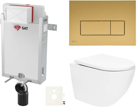 Pakabinami WC komplektas SAT Fusion su sūkuriniu nuplovimu ir gold matinės spalvos nuleidimo mygtuku