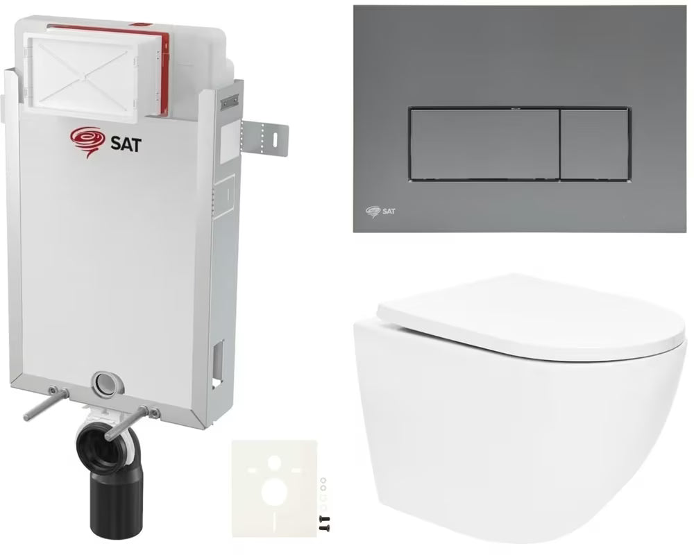Pakabinami WC komplektas SAT Fusion su sūkuriniu nuplovimu ir valdymo mygtuku, spalva – gun metal matinė.