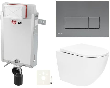 Pakabinami WC komplektas SAT Fusion su sūkuriniu nuplovimu ir valdymo mygtuku, spalva – gun metal matinė.
