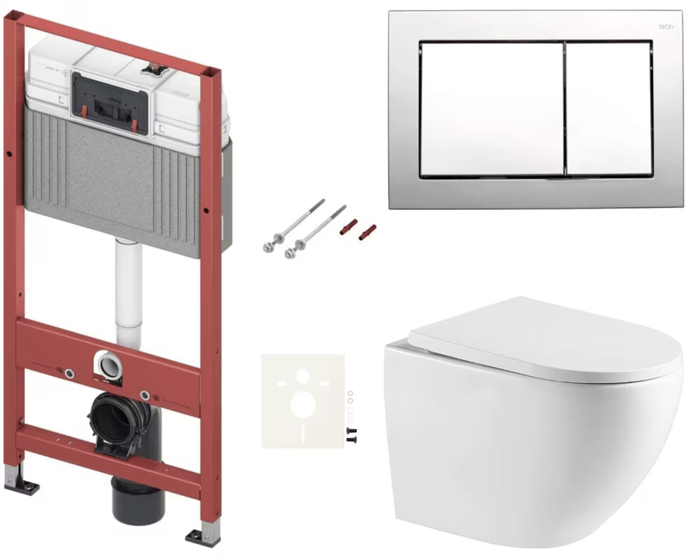 Pakabinami WC komplektas SAT su TECEbase bakeliu, TECE nowa mygtuku ir duroplasto softclose sėdyne