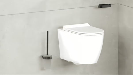 Sieninė WC šepetys SAT Simply R, PVD Gun Metal spalvos, su matinio stiklo indeliu.