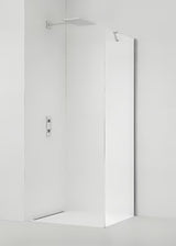 Stacionari dušo durų šoninė sienelė  90 cm su skaidriu stiklu ir blizgaus chromo profiliais.