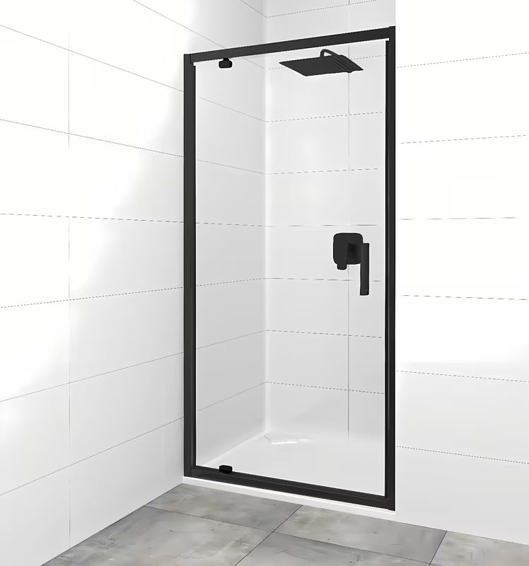 Varstomos dušo durys SAT Tex 90 cm, juodos spalvos, su skaidriu grūdintu stiklu.