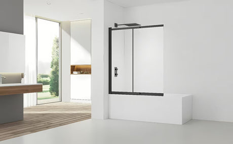 Slankiojanti vonios sienelė SAT Vision 140x120 cm su juodu profiliu ir skaidriu stiklu