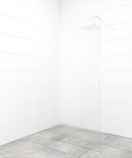Walk-in dušo sienelė SAT Walk-in 100 cm iš skaidraus grūdinto stiklo su baltais tvirtinimo laikikliais.