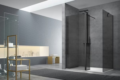 Juoda walk-in dušo sienelė SAT Walk-in 110x90 cm su nepermatomu dūminio efekto stiklu